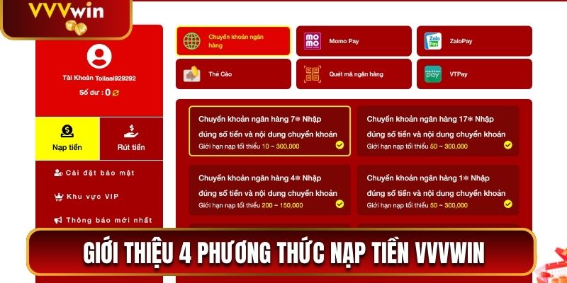 Giới thiệu 4 phương thức nạp tiền VVVwin phổ biến